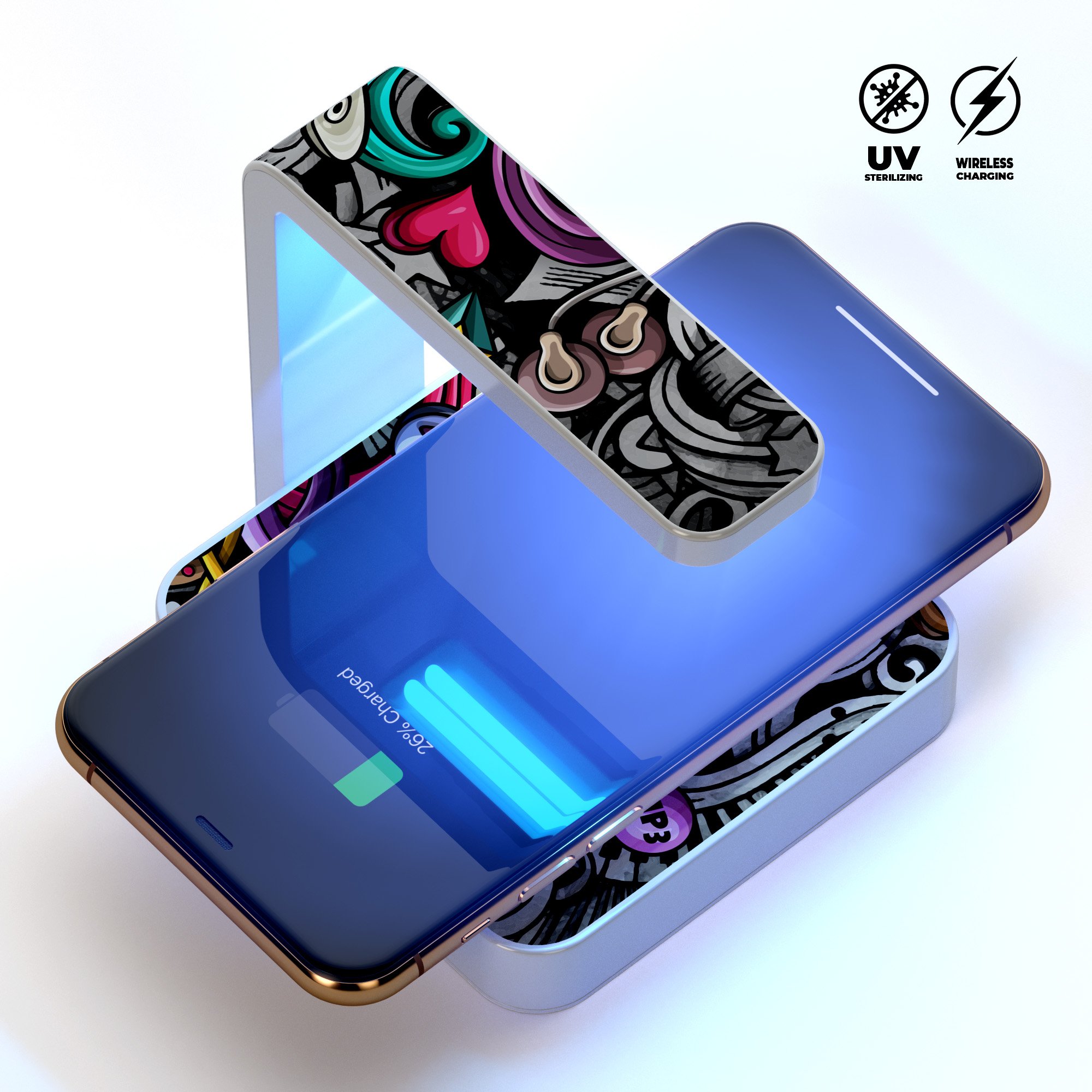 Abstract Cartoon Music Doodles UV Germicidal Sanitizing Sterilizing charger with a decorative skin, showcasing its wireless charging and sterilizing features.